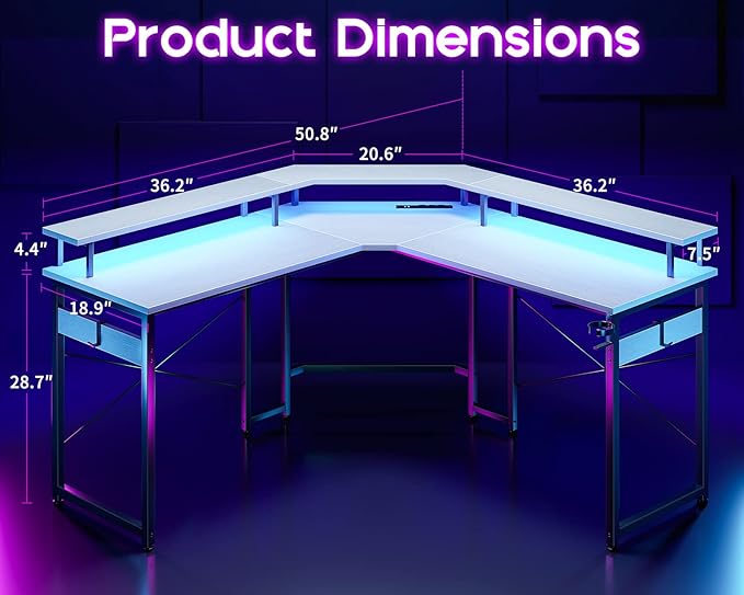 ODK L Shaped Gaming Desk with LED Lights & Power Outlets, 51" Computer Desk with Full Monitor Stand, Corner Desk with Cup Holder, Gaming Table with Hooks, White - LeafyLoom