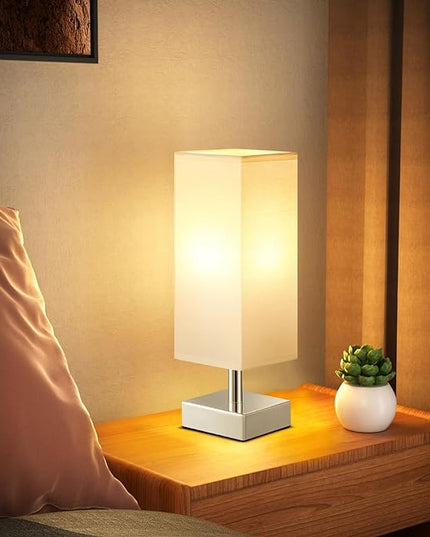 White Small Table Lamp for Bedroom - Bedside Lamps for Nightstand, Minimalist Night Stand Lamp with Square Fabric Shade, Desk Reading Lamp for Kids Room Living Room Office with Sliver Base - LeafyLoom