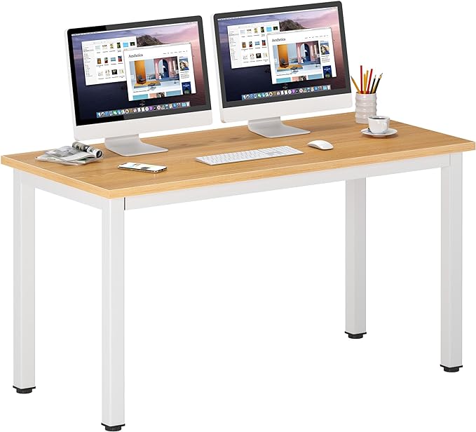 DlandHome 55 Inches Large Computer Desk, Composite Wood Board, Decent & Steady Home Office Desk/Workstation/Table, BS1-140TW Teak & White Legs, 1 Pack - LeafyLoom