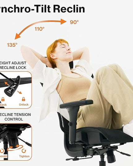WELLNEW Prestige Ergonomic Office Chair - Height Adjustable Backrest Lumbar Support, Seat Depth Adjust, 3D Headrest, 4D Armrests, Blade Wheels, Mesh Computer Gaming Chairs Executive Swivel Chair - LeafyLoom