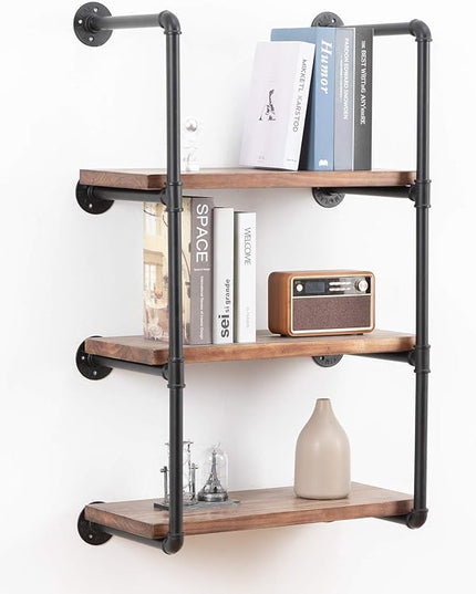 Industrial Wall Mounted Pipe Shelving,Rustic Metal Floating Shelves,Steampunk Real Wood Bookcases,DIY Bookshelf Hanging Shelves,Farmhouse Kitchen Bar Office Home Storage (4-Tier with 3 Boards,24in) - LeafyLoom