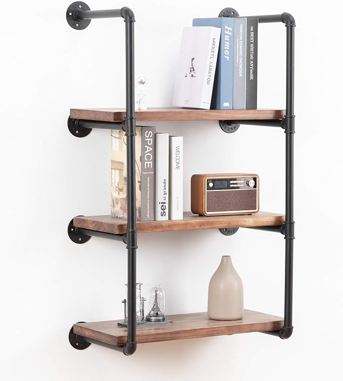 Industrial Wall Mounted Pipe Shelving,Rustic Metal Floating Shelves,Steampunk Real Wood Bookcases,DIY Bookshelf Hanging Shelves,Farmhouse Kitchen Bar Office Home Storage (4-Tier with 3 Boards,24in) - LeafyLoom