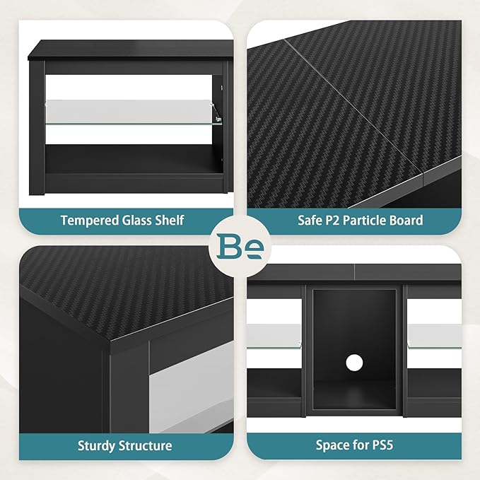 Bestier TV Stand for 70 inch TV with Power Outlets, LED Entertainment Center for PS5, Gaming TV Consoles with Glass Shelves for Living Room, 63'' Inch, Black Carbon Fiber - LeafyLoom