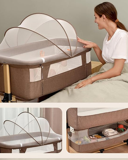 Baby Crib,3 in 1 Baby Bassinet Bedside Crib Adjustable Portable Bed for Infant,Baby Newborn Must Have Bed,Khaki - LeafyLoom
