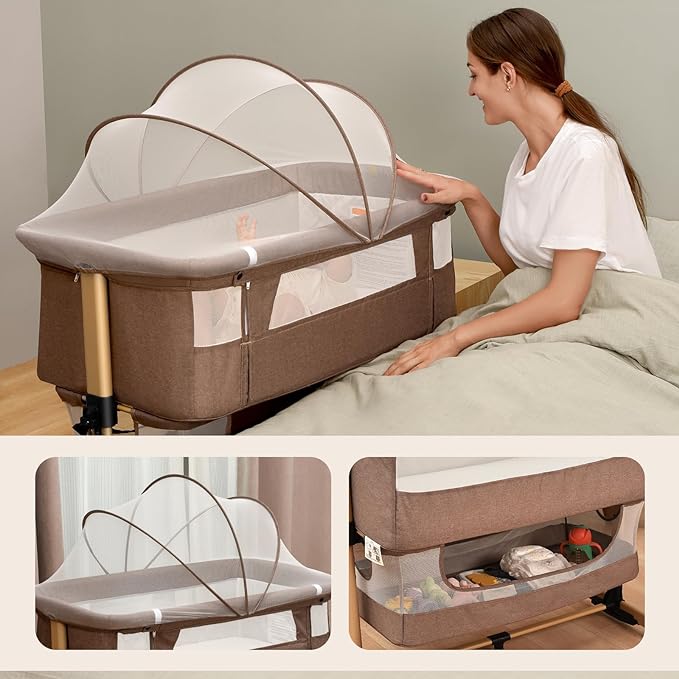Baby Crib,3 in 1 Baby Bassinet Bedside Crib Adjustable Portable Bed for Infant,Baby Newborn Must Have Bed,Khaki - LeafyLoom