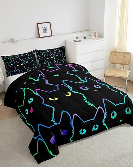 Erosebridal Boys Bedding Cartoon Cat Comforter Set Queen Size,Gradient Line Cute Cat Bedding Set for Kids Teens Girls Adults Room Decor,Lovely Animal Kitten Print Comforter All Season,Rainbow Black - LeafyLoom