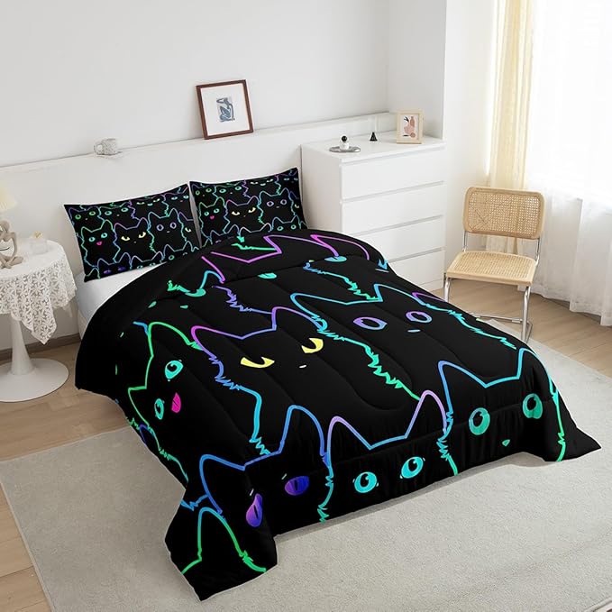 Erosebridal Full Size Bedding Set for Girls Cartoon Cat Comforter Set,Gradient Line Cute Cat Bed Sets for Kids Boys Girls Women Room Decor,Lovely Animal Kitten Print Comforter Soft,Rainbow Black - LeafyLoom