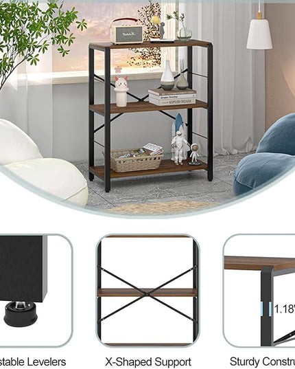 FOLUBAN Small Bookshelf, 3 Tier Rustic Book Shelf with Storage, Industrial Low Short Bookcases for Office, Bedroom and Living Room, Rustic Walnut - LeafyLoom