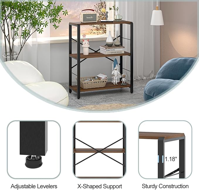 FOLUBAN Small Bookshelf, 3 Tier Rustic Book Shelf with Storage, Industrial Low Short Bookcases for Office, Bedroom and Living Room, Rustic Walnut - LeafyLoom
