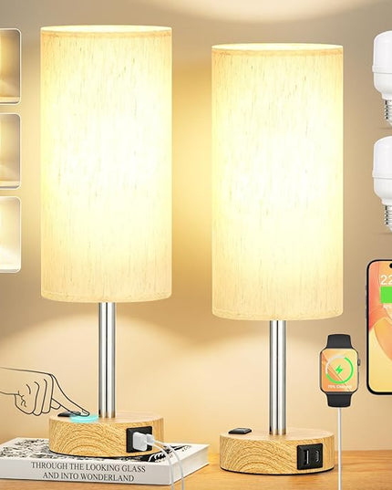 Touch Bedside Table Lamps Set - 3 Way Dimmable Bedroom Lamps Set of 2 with USB C and A Ports, Small Lamps for Nightstand with AC Outlet, Wood Base Round Flaxen Shade for Desk, Office, Dorm, Nursery - LeafyLoom