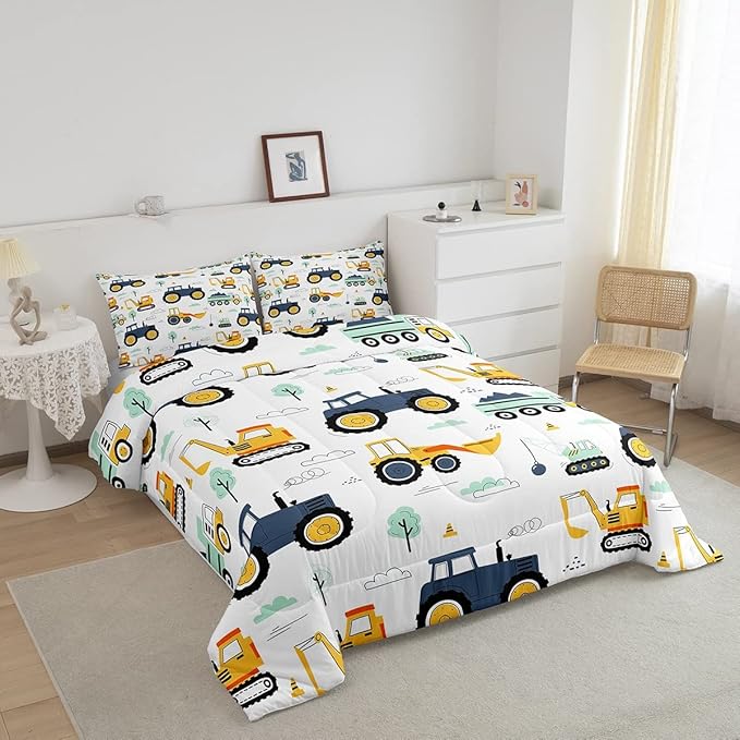 Tractor Comforter Set Queen, Cartoon Truck Bedding Set for Boys Girls Teens, Construction Tractor Down Comforter, Bulldozer Crane Equipment Duvet Set, Kawaii Vehicle Car Theme Comforter, Yellow Blue - LeafyLoom