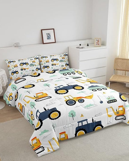 Boys Cartoon Car Bedding Set King, Excavator Tractor Comforter Set for Kids Teens, Equipment Trucks Quilted Duvet, Heavy Machinery Construction Bedding Comforter Sets with 2 Pillowcases Bedroom Decor - LeafyLoom