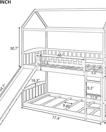 Twin Over Twin Bunk Bed with Slide for Kids Bedroom,Solid Pinewood Bedframe,House Bunkbeds w/Safety Guardrails & Roof Design,No Box Spring Needed, White - LeafyLoom