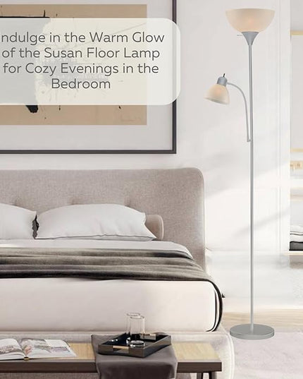 Adjustable Silver Floor Lamp with Reading Light By Light Accents - Susan Modern Standing Lamp For Living Room/Office Lamp 72" Tall - 150-watt With Side Reading Light Corner Lamp (Silver) - LeafyLoom
