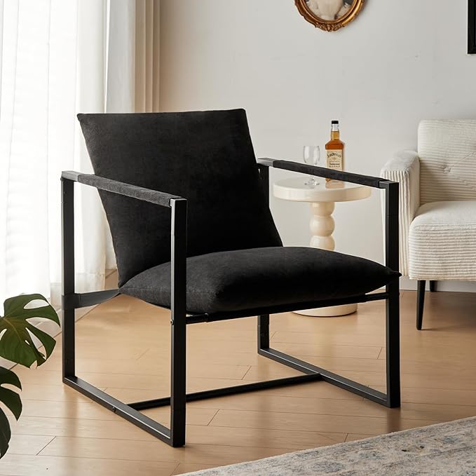 Wimarsbon Modern Accent Chair, Mid Century Sitting Chair with Sponge Cushion, Comfy and Sturdy Lounge Chair with Metal Leg for Bedroom, Living Room, Office,Easy Assembly (Chenille-Black) - LeafyLoom