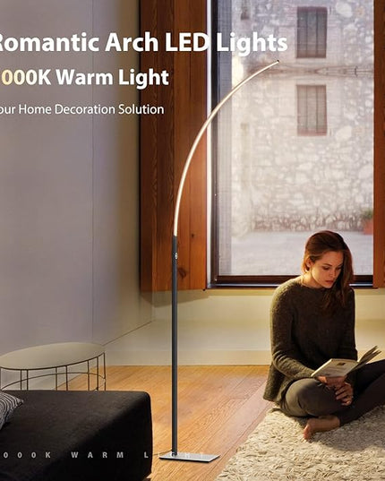 Arc Corner Floor Lamp - 3000K Warm White & 3 Brightness Presets - Curved LED Standing Lamp with Touch Switch - 63" Modern Floor Lamp for Living Room, Bedroom (Black) - LeafyLoom