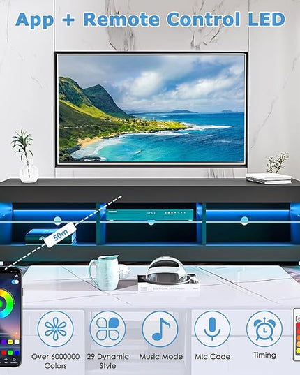 HOMMPA LED TV Stand with LED Lights for 65 inch TV Modern Entertainment Center with Storage 57" Black TV Console with Glass Shelves for Living Room 15" Tall - LeafyLoom