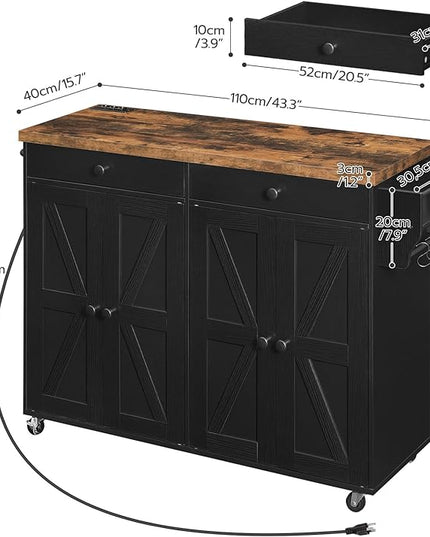 HOOBRO 43.3 Inch Kitchen Island with Charging Station, Rolling Kitchen Island with Storage, Kitchen Island Cart with Spice Rack and Hooks, for Kitchen, Living Room, Rustic Brown and Black BF11UZD01 - LeafyLoom