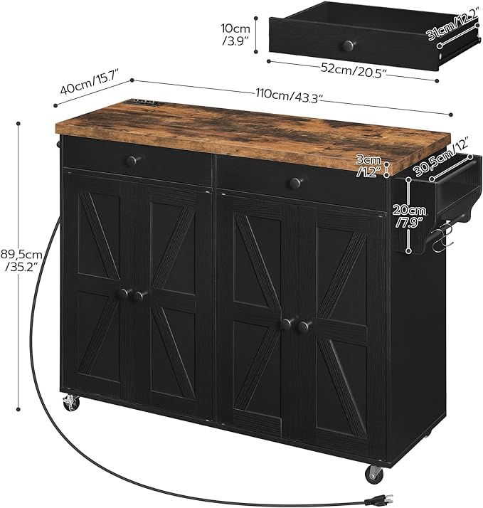 HOOBRO 43.3 Inch Kitchen Island with Charging Station, Rolling Kitchen Island with Storage, Kitchen Island Cart with Spice Rack and Hooks, for Kitchen, Living Room, Rustic Brown and Black BF11UZD01 - LeafyLoom
