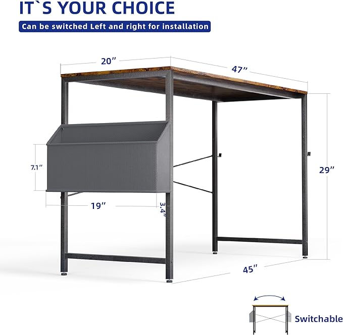 Pamray 47 Inch Computer Desk Small Spaces Desk with Storage Bag for Bedroom Writing and Home Office Work Small Study Desk Table Vintage - LeafyLoom