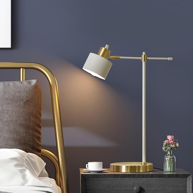 OYEARS Modern Industrial Desk Lamp for Reading LED 22.2“ Metal Table Lamp Light for Office Bedroom Study Room Living Room Nightstand Bedside Lamps Gold and Matte Black Accent (White, Bulb Included) - LeafyLoom