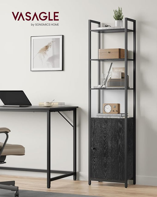 VASAGLE 6-Tier Bookshelf, Tall Bookcase with Door, Steel Frame, Adjustable Shelves, 9.4 x 15.7 x 62.8 Inches, Living Room Bedroom, Ebony Black and Ink Black ULLS132B01 - LeafyLoom