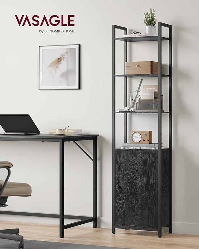VASAGLE 6-Tier Bookshelf, Tall Bookcase with Door, Steel Frame, Adjustable Shelves, 9.4 x 15.7 x 62.8 Inches, Living Room Bedroom, Ebony Black and Ink Black ULLS132B01 - LeafyLoom