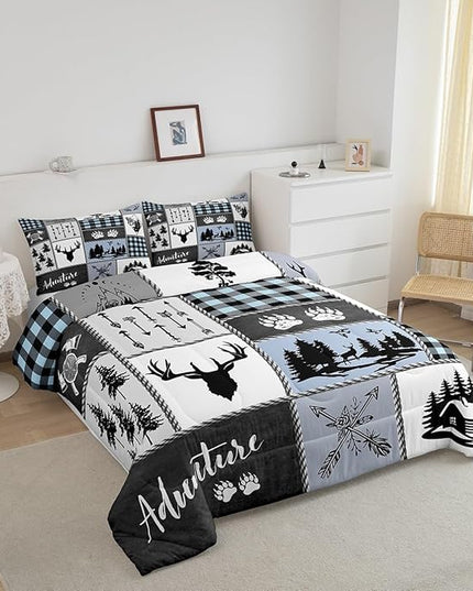 Deer Bear Kids Comforter Set Queen Size,Hunting Adventure Rustic Farmhouse Bedding Set for Boys Girls Adults Room Decor,Geometric Plaid Patchwork Down Comforter,Blue Xmas Duvet Insert,2 Pillowcases - LeafyLoom