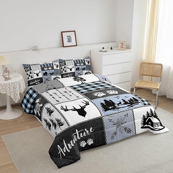 Deer Bear Kids Comforter Set Twin Size,Hunting Adventure Rustic Farmhouse Bedding Set for Boys Girls Adults Room Decor,Geometric Plaid Patchwork Down Comforter,Blue Xmas Duvet Insert,1 Pillowcase - LeafyLoom