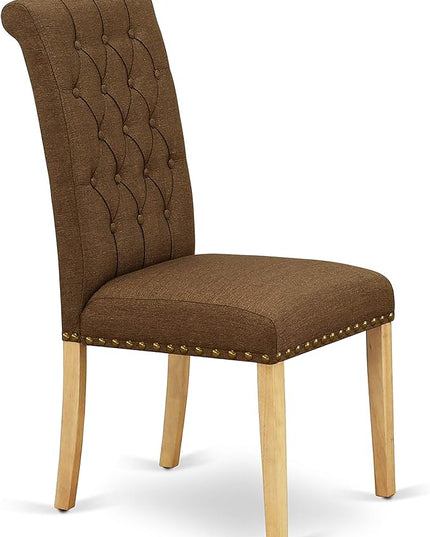 East West Furniture DLBR5-OAK-18 Dublin 5 Piece Room Set Includes a Round Dining Table with Dropleaf and 4 Brown Linen Fabric Upholstered Parson Chairs, 42x42 Inch, Oak - LeafyLoom