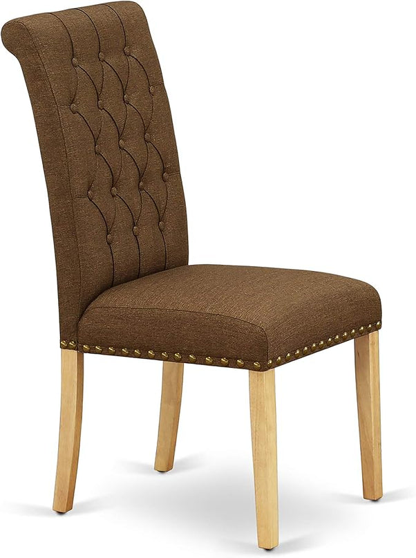 East West Furniture DLBR5-OAK-18 Dublin 5 Piece Room Set Includes a Round Dining Table with Dropleaf and 4 Brown Linen Fabric Upholstered Parson Chairs, 42x42 Inch, Oak - LeafyLoom