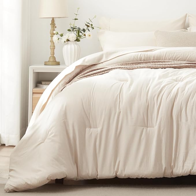 UNILIBRA Full Comforter Set 7 Pieces - Beige Bed in a Bag Full Size Soft for All Seasons - Cationic Dyeing Bedding Comforter Sets with Comforter, Flat Sheet, Fitted Sheet, Pillowcases & Shams - LeafyLoom