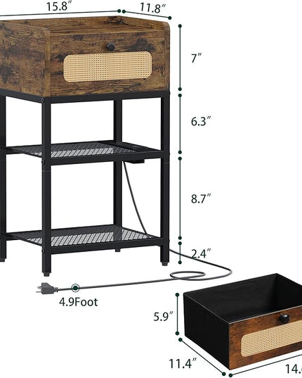 Night Stand, Side Table with Rattan Drawer, Nightstand with Charging Station, Industrial Bedside Table with 3-Tier Storage, Rustic Brown JET003CSR1 - LeafyLoom