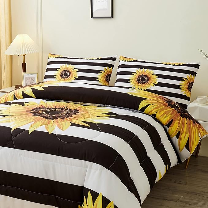 Sunflower Comforter Sets,Beautiful Vintage Bright Floral Pattern,Decorative Bedding Comforter Sets with 2 Pillow Shams, Twin Size - LeafyLoom