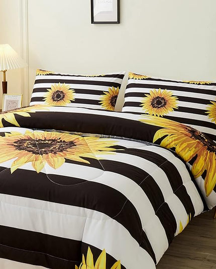 Sunflower Comforter Sets,Beautiful Vintage Bright Floral Pattern,Decorative Bedding Comforter Sets with 2 Pillow Shams, Queen Size - LeafyLoom