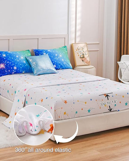 A Nice Night 6Pcs Gradient Glitter Bedding Set for Girls, Colorful Rainbow Galaxy Comforter Set, Ultra Soft Bedding Sets (Blue-Green,Queen 6Pcs) - LeafyLoom