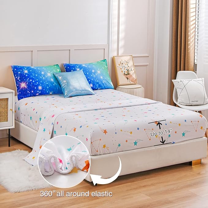 A Nice Night 6Pcs Gradient Glitter Bedding Set for Girls, Colorful Rainbow Galaxy Comforter Set, Ultra Soft Bedding Sets (Blue-Green,Twin 6Pcs) - LeafyLoom