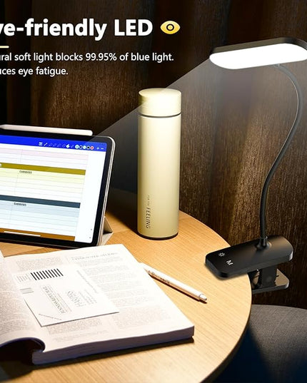 Clip on Desk Lamp, Battery Powered Reading Light with Strong Clamp - 5 Colors 5 Brightness, USB Rechargeable Portable Cordless Book Lamp for Bed Headboard Table Bedside Home Office (Black) - LeafyLoom
