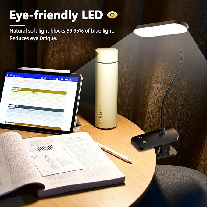 Clip on Desk Lamp, Battery Powered Reading Light with Strong Clamp - 5 Colors 5 Brightness, USB Rechargeable Portable Cordless Book Lamp for Bed Headboard Table Bedside Home Office (Black) - LeafyLoom