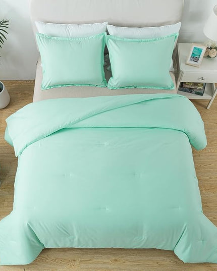 Full Size Sage Green Comforter Set, Solid Lightweight Down Alternative Soft Boho Bedding Comforter Set, Fluffy Microfiber Skin-Friendly Comforter for All Seasons with Pillowcases - LeafyLoom