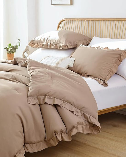 JANZAA Queen Ruffled Comforter Set 3PCS (1 Taupe Comforter Set and 2 Pillowcases) Vintage Farmhouse Shabby Chic Bedding Soft Fluffy Comforter Set All Season - LeafyLoom