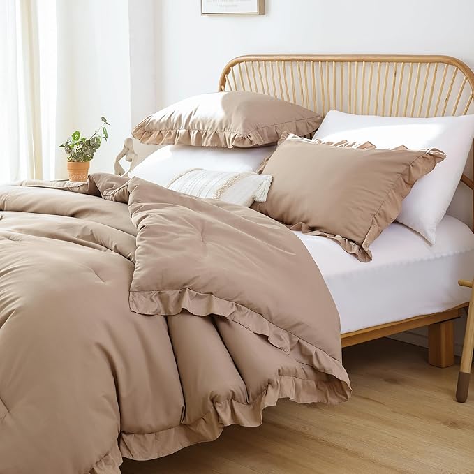 JANZAA Queen Ruffled Comforter Set 3PCS (1 Taupe Comforter Set and 2 Pillowcases) Vintage Farmhouse Shabby Chic Bedding Soft Fluffy Comforter Set All Season - LeafyLoom