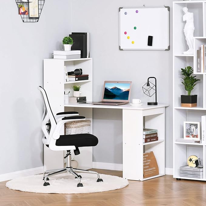 HOMCOM Modern Home Office Desk with 6-Tier Storage Shelves, 47" Writing Table with Bookshelf, White - LeafyLoom