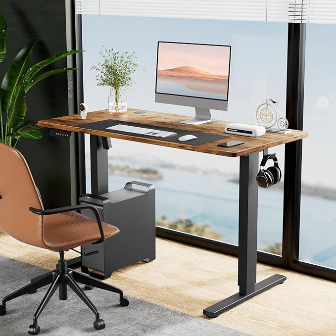 SMUG Standing Desk, Adjustable Height Electric Sit Stand Up Down Computer Table, 40x24 Inch Ergonomic Rising Desks for Work Office Home, Modern Lift Motorized Desktop Workstation, Rust Brown - LeafyLoom