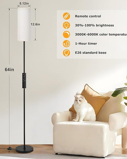 Ambimall 64'' Floor Lamps for Living Room with Remote Control and Stepless Dimmable Colors Temperature & Brightness, 9W Bulb Included(Beige Lampshade & Black Pole) - LeafyLoom