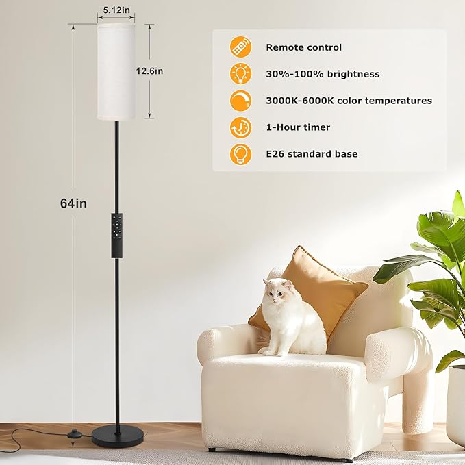 Ambimall 64'' Floor Lamps for Living Room with Remote Control and Stepless Dimmable Colors Temperature & Brightness, 9W Bulb Included(Beige Lampshade & Black Pole) - LeafyLoom