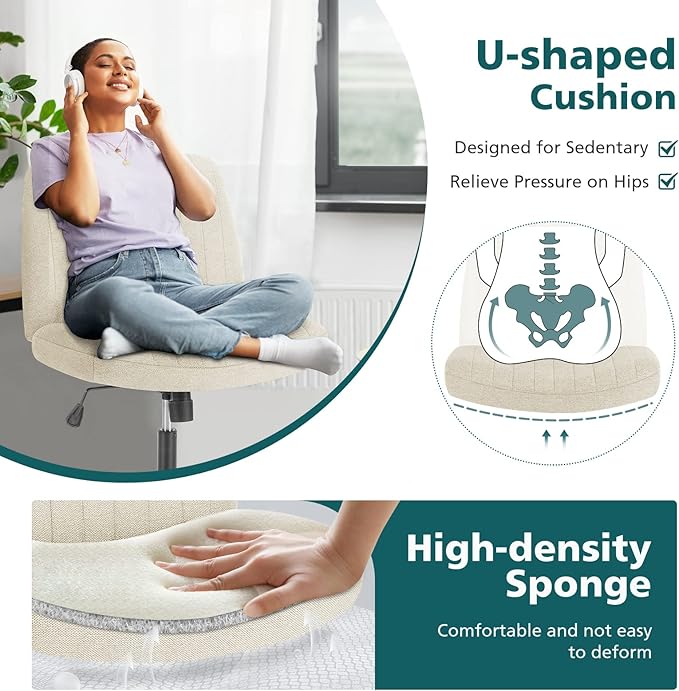 OLIXIS Cross Legged Armless Wide Adjustable Swivel Padded Home Office Desk Chair, Beige - LeafyLoom