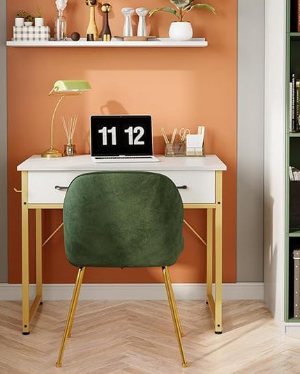 ODK Vanity Desk without Mirror, Makeup Vanity with 2 Fabirc Drawers, White Vanity Dressing Vanity Table with Versatile Hook, 32 Inch Small Vanity for Bedroom, Desk Make Up for Girls, White and Gold - LeafyLoom