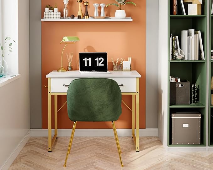 ODK Vanity Desk without Mirror, Makeup Vanity with 2 Fabirc Drawers, White Vanity Dressing Vanity Table with Versatile Hook, 32 Inch Small Vanity for Bedroom, Desk Make Up for Girls, White and Gold - LeafyLoom
