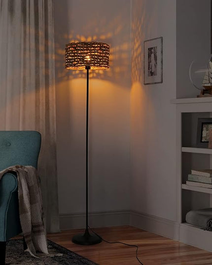 Unique Farmhouse Floor Lamp for Living room, Bedroom and Office, Original Handmade Water Lettuce Rattan Shade Tall Standing Light Black , Modern Vintage Rustic Rural Décor(No Bulbs) - LeafyLoom